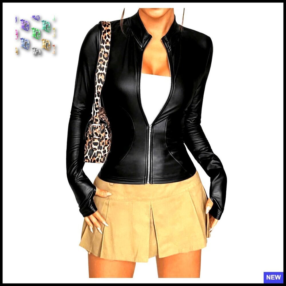 Faux Leather Jacket Slim Fit Zipper Front Winter Coat Chic Street Style